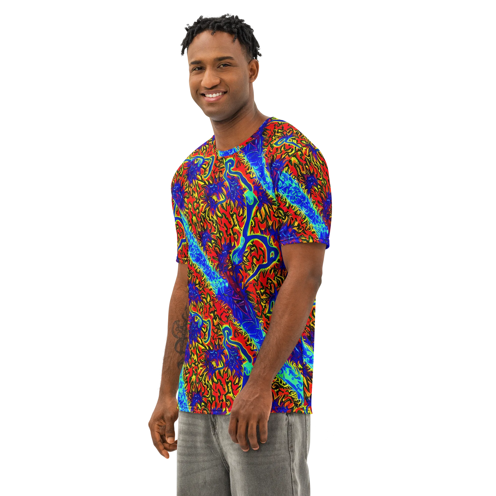Electric Petalstorm on Men's Cotton Crew Neck T-Shirt — Left Front