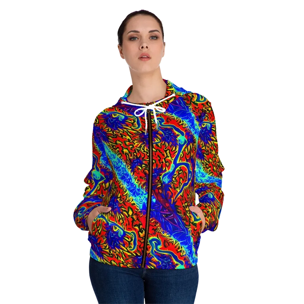 Electric Petalstorm on Women's Full-Zip Hoodie — Front On Person