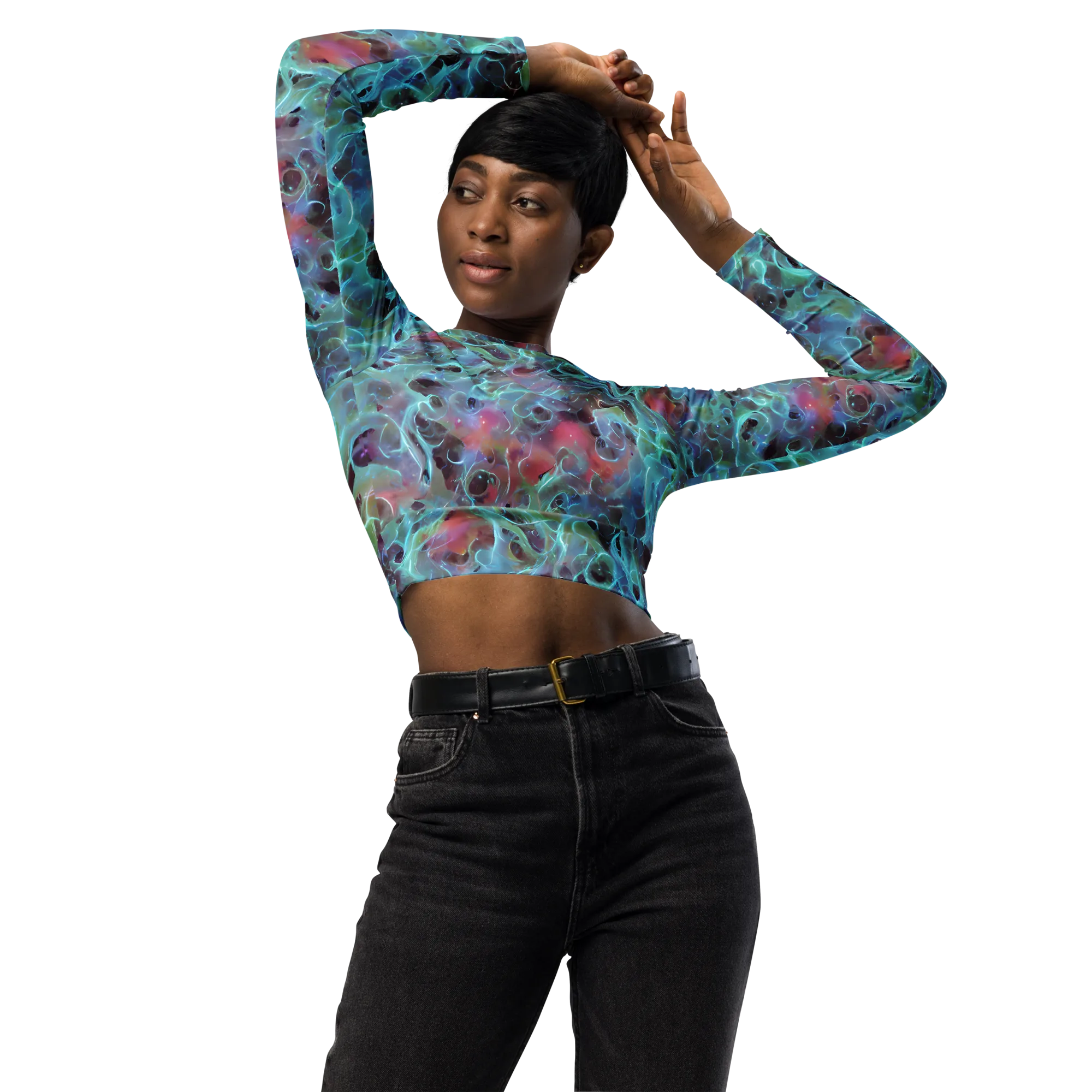 Cosmic Tide on Long Sleeve Crop Top — Front