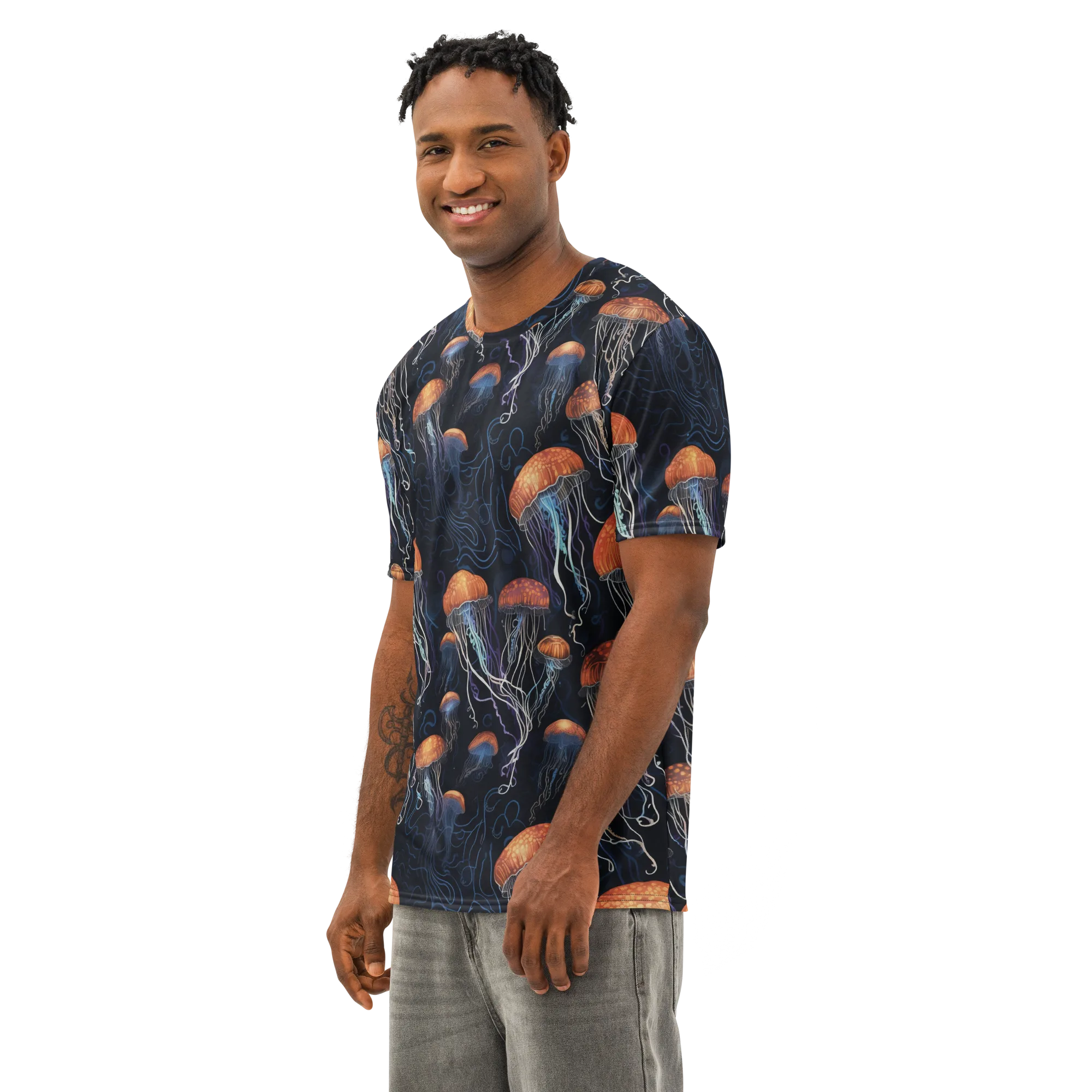 Abyssal Lanterns on Men's Cotton Crew Neck T-Shirt — Left Front