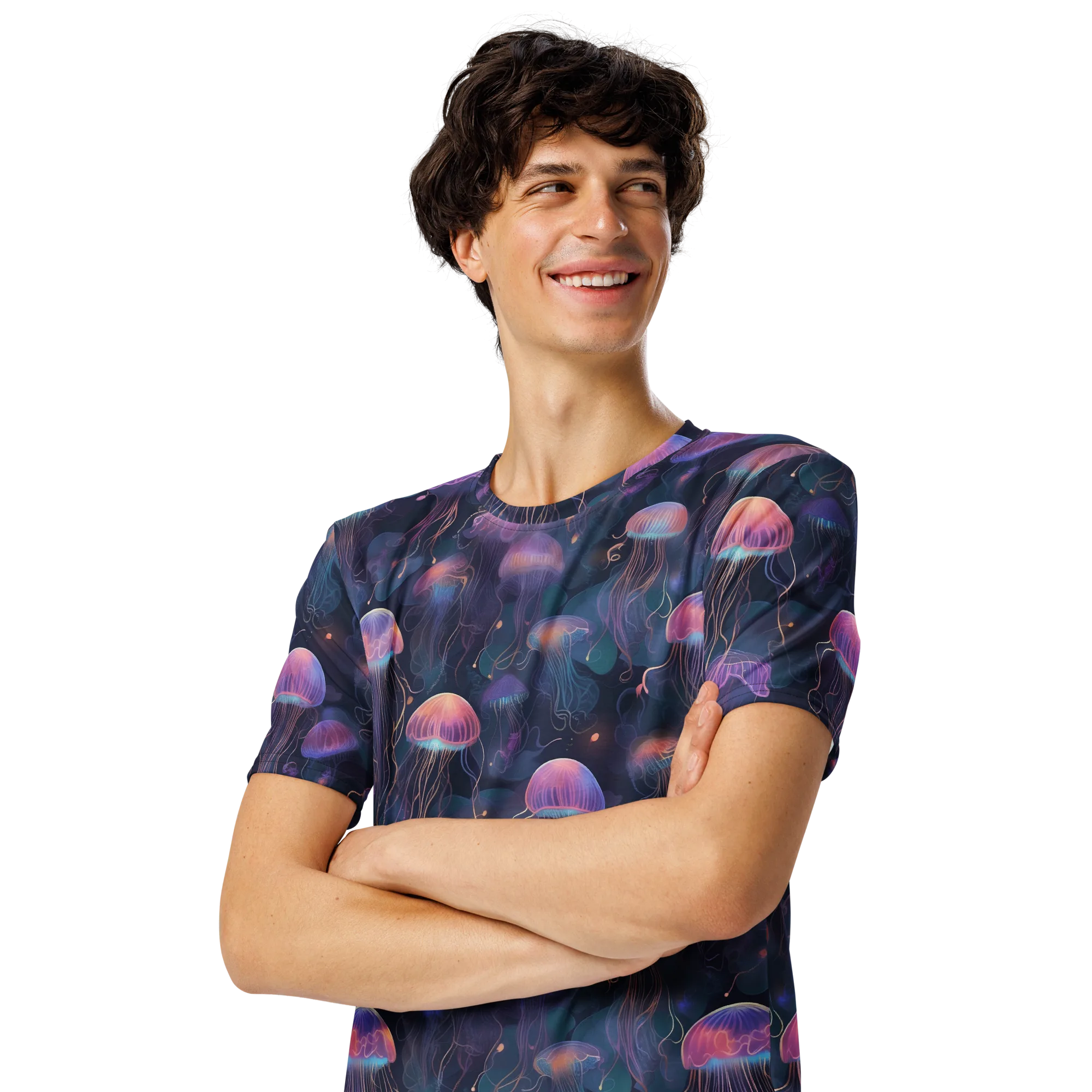 Neon Moon Jelly on Men's Crew Neck T-Shirt — Left Front