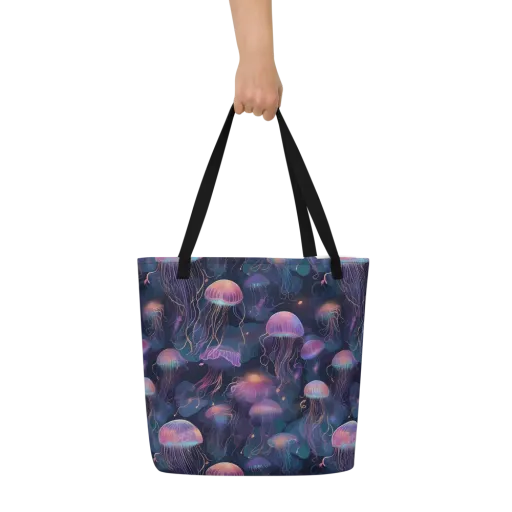Neon Moon Jelly on a Large Tote Bag W/ Pocket