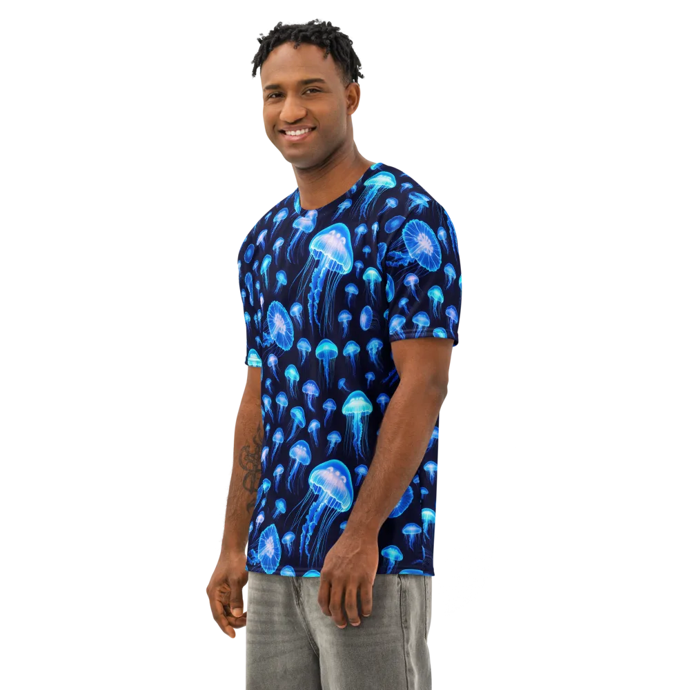 Azure Jellyfall on Men's Cotton Crew Neck T-Shirt — Left Front