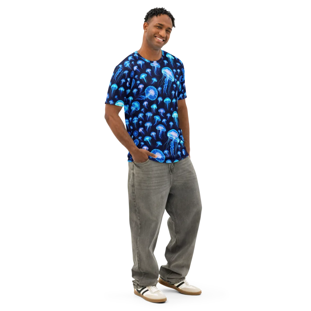 Azure Jellyfall on Men's Cotton Crew Neck T-Shirt — Right Front