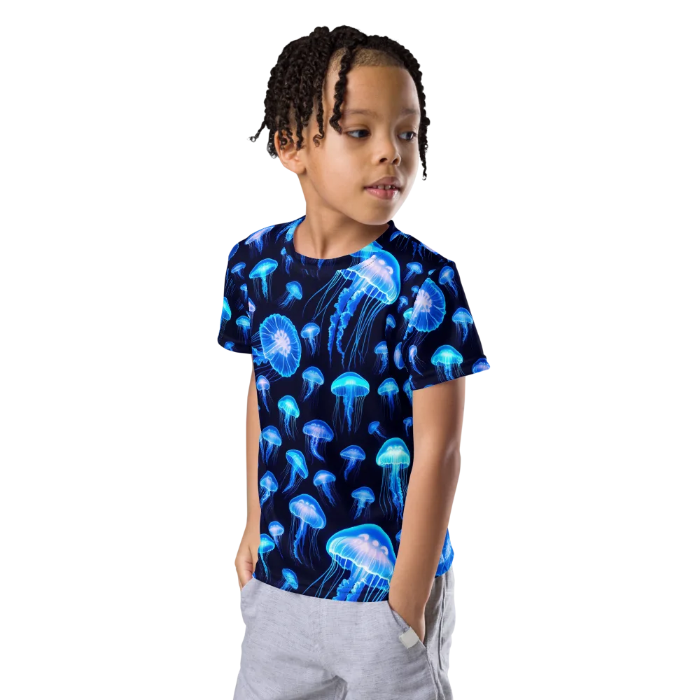 Azure Jellyfall on Kids Crew Neck T-Shirt — Left Front