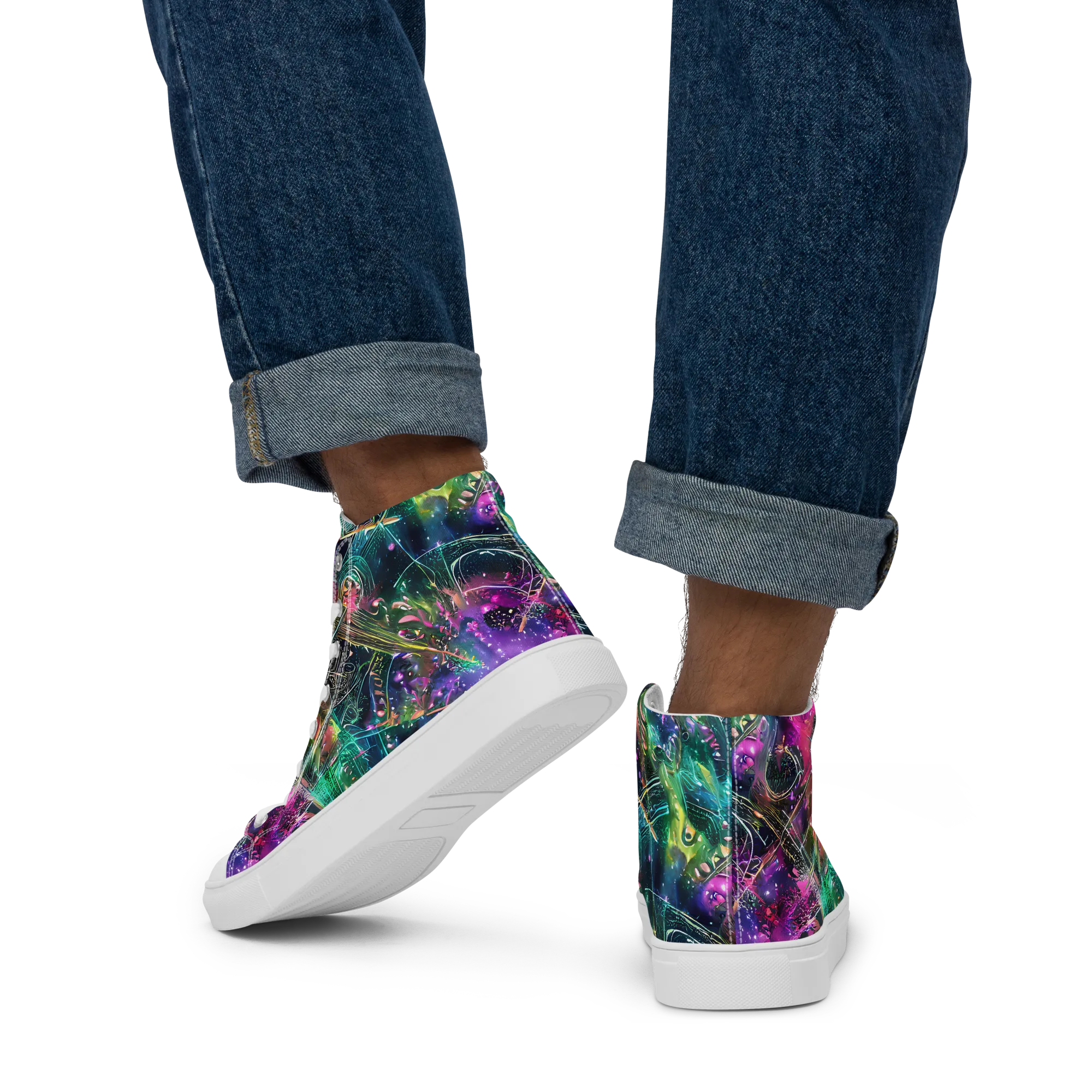 Digital Bloom on Men's High Top Canvas Shoes — Back