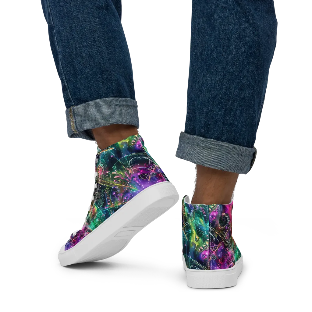 Digital Bloom on Men's High Top Canvas Shoes — Back