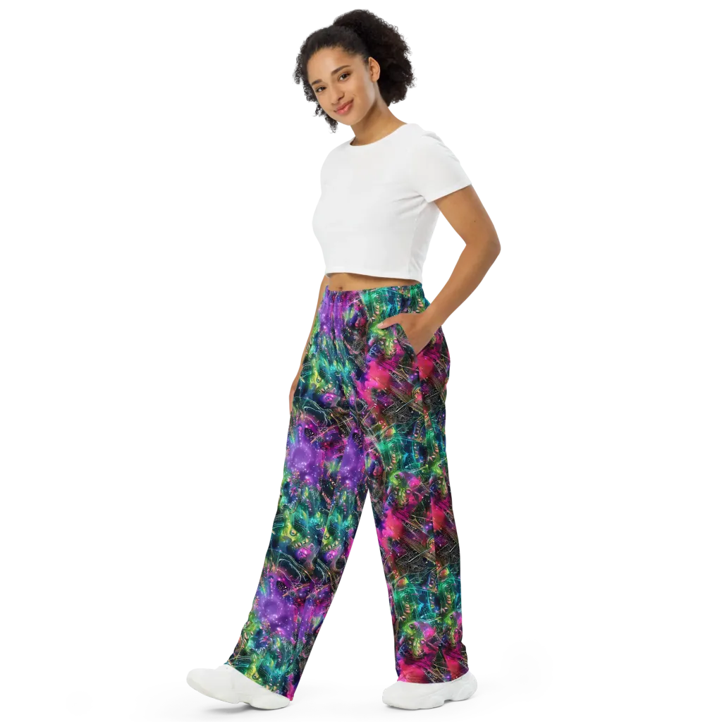 Digital Bloom on Wide-Leg Pants — Left Front