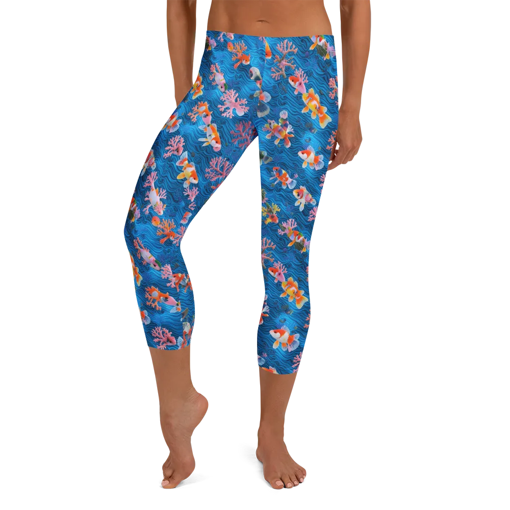 Coral Koi Current on Capri Leggings — Front