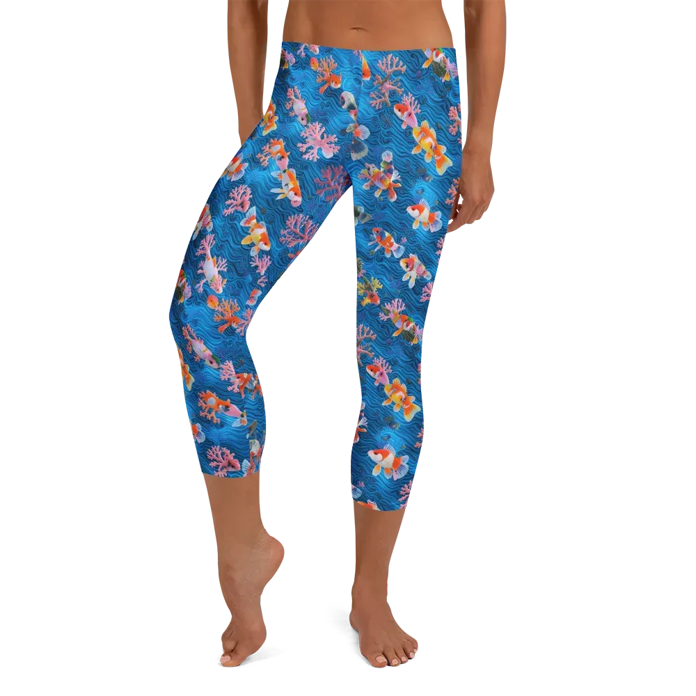 Coral Koi Current on Capri Leggings — Front