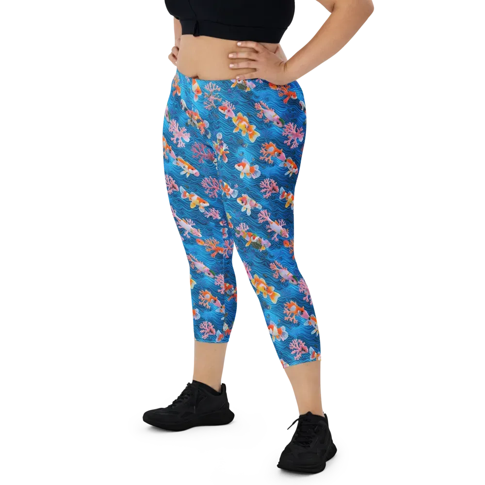 Coral Koi Current on Capri Leggings — Front