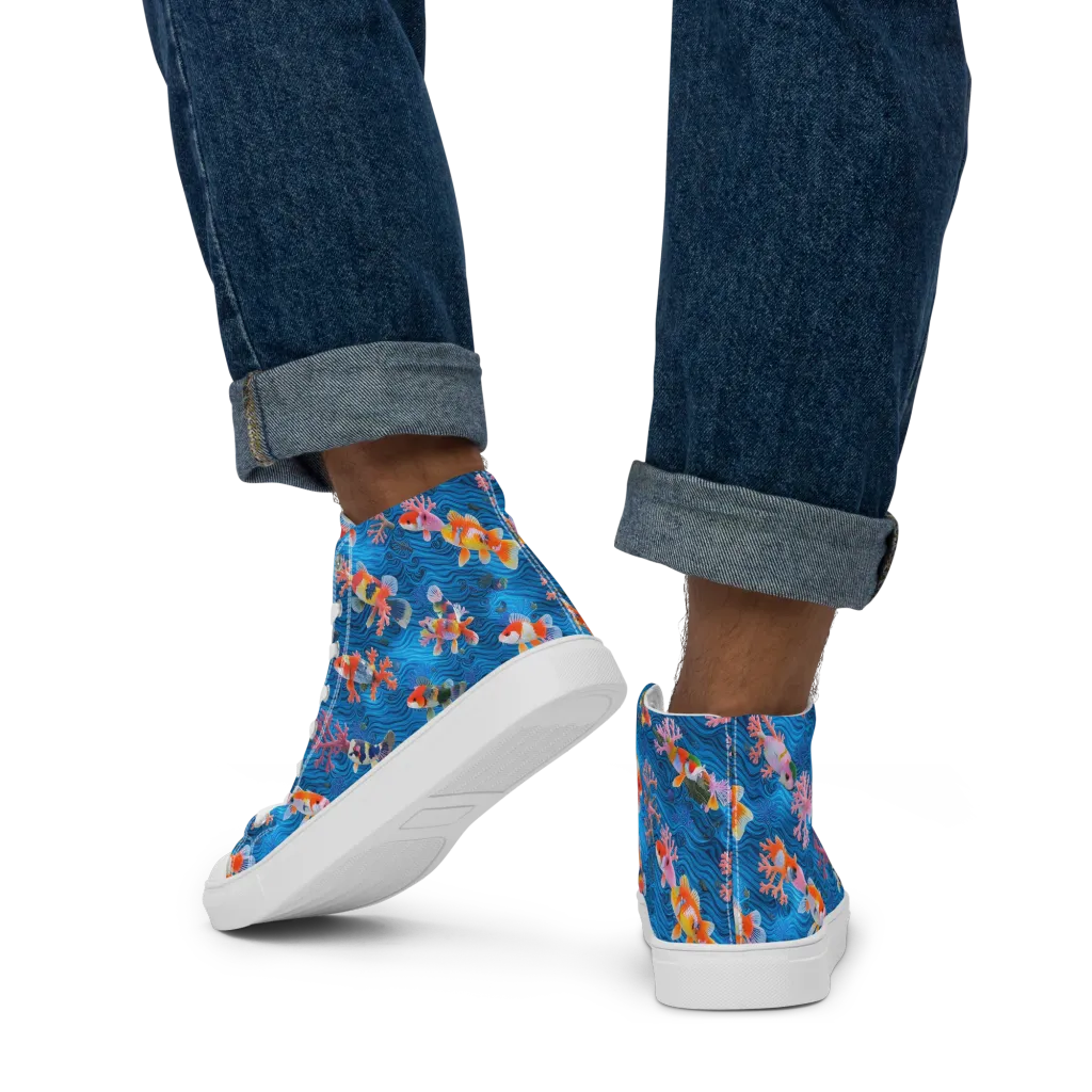 Coral Koi Current on Men's High Top Canvas Shoes — Back