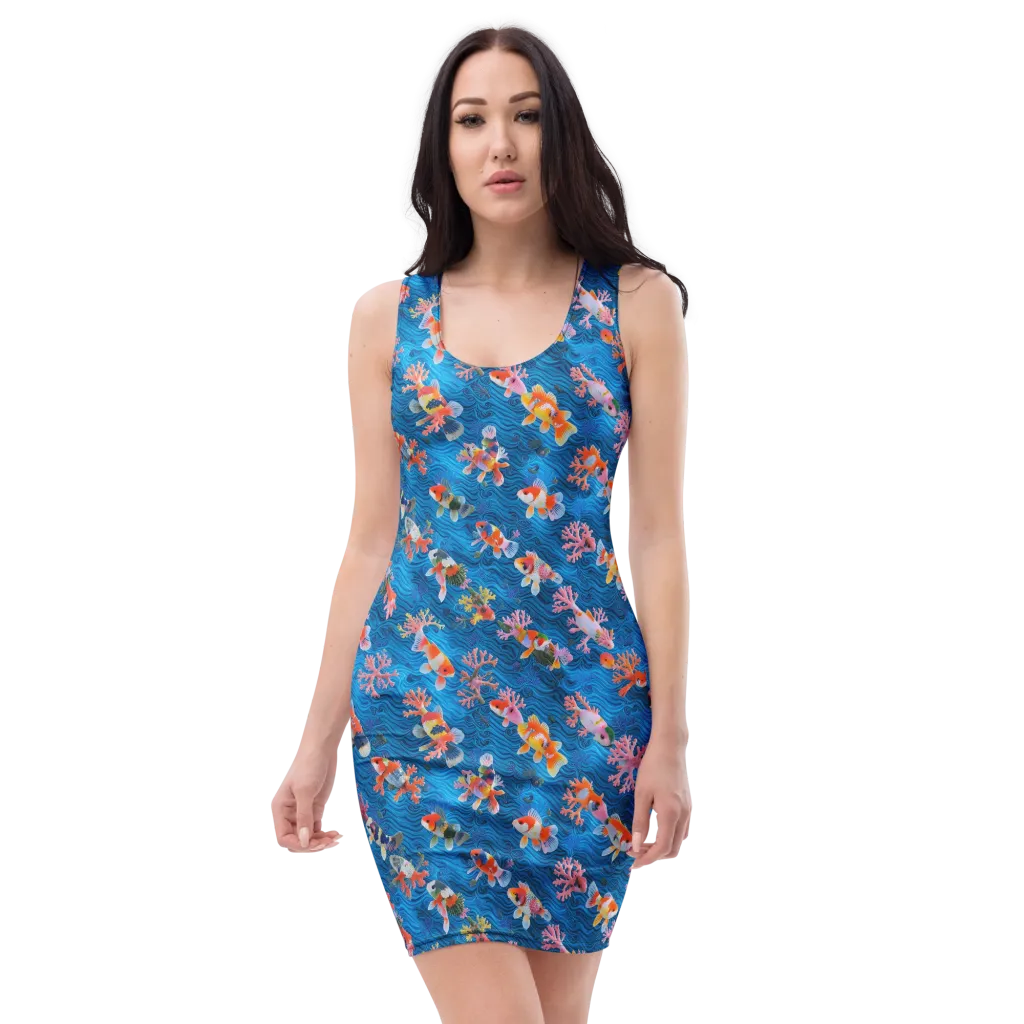 Coral Koi Current on Bodycon Dress — Front