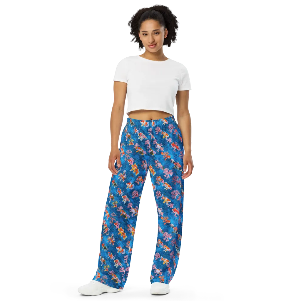 Coral Koi Current on Wide-Leg Pants — Front