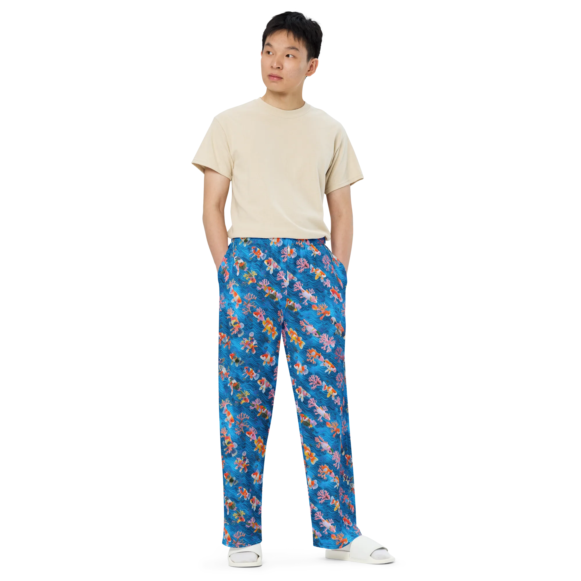 Coral Koi Current on Wide-Leg Pants — Front