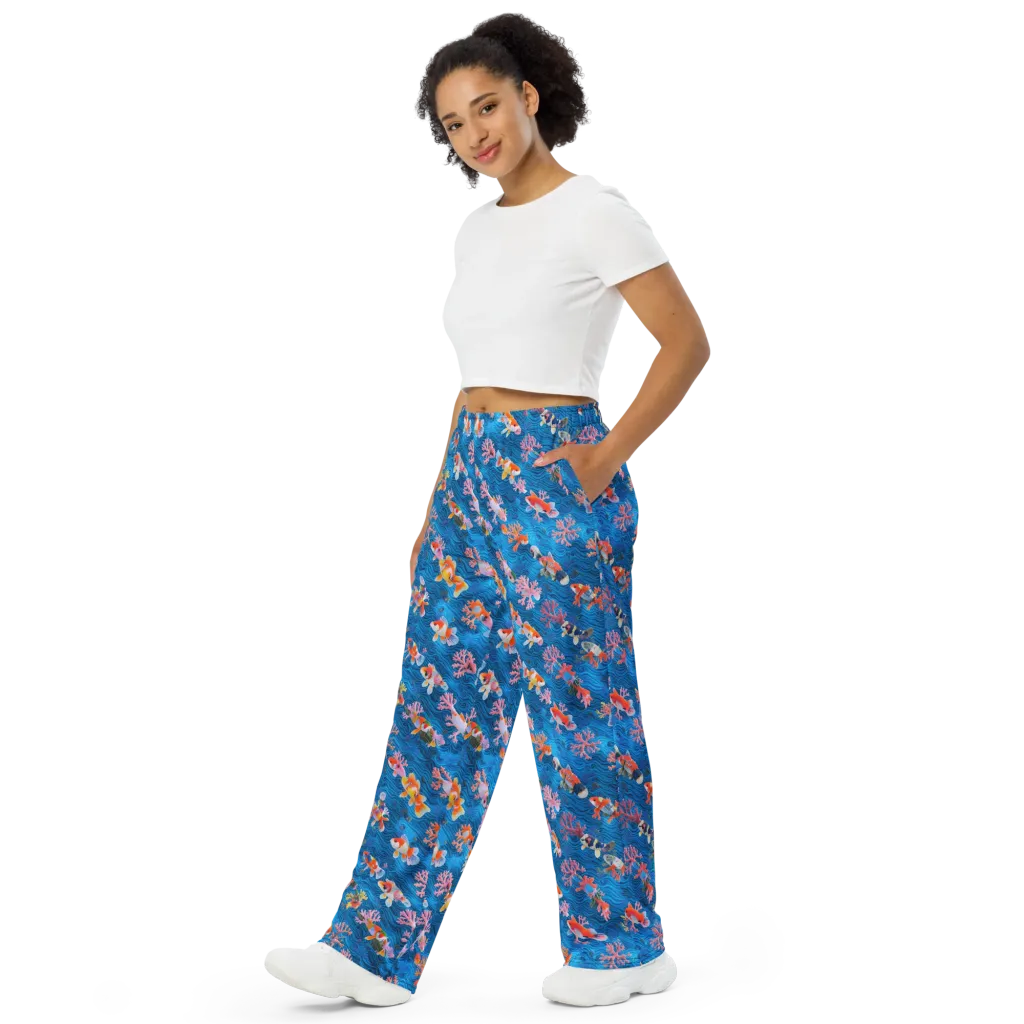 Coral Koi Current on Wide-Leg Pants — Left Front