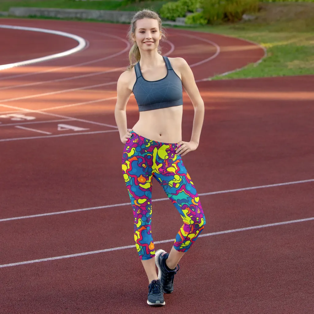 Colorful Chaos on Capri Leggings — Front