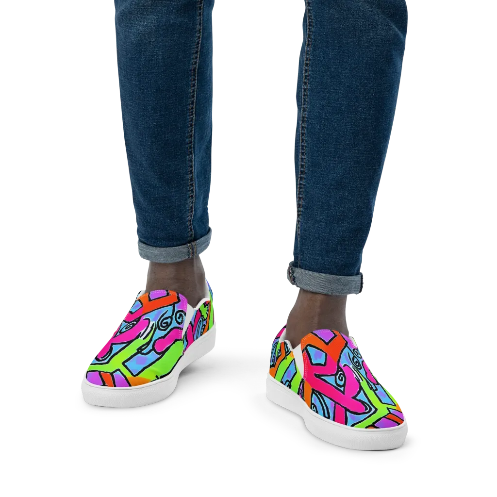 Electric Mosaic on Men's Slip-On Canvas Shoes — Front