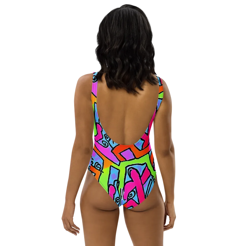 Electric Mosaic on One-Piece Swimsuit — Back