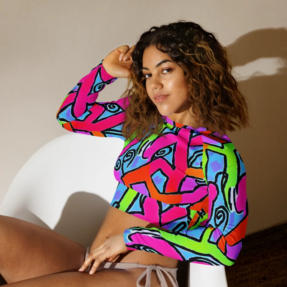 Electric Mosaic on Long Sleeve Crop Top — Left Front