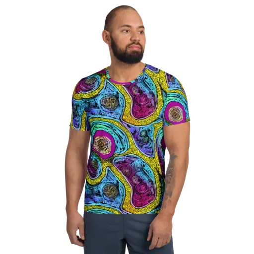 Orbiting Orbs on a Men's Athletic T-Shirt
