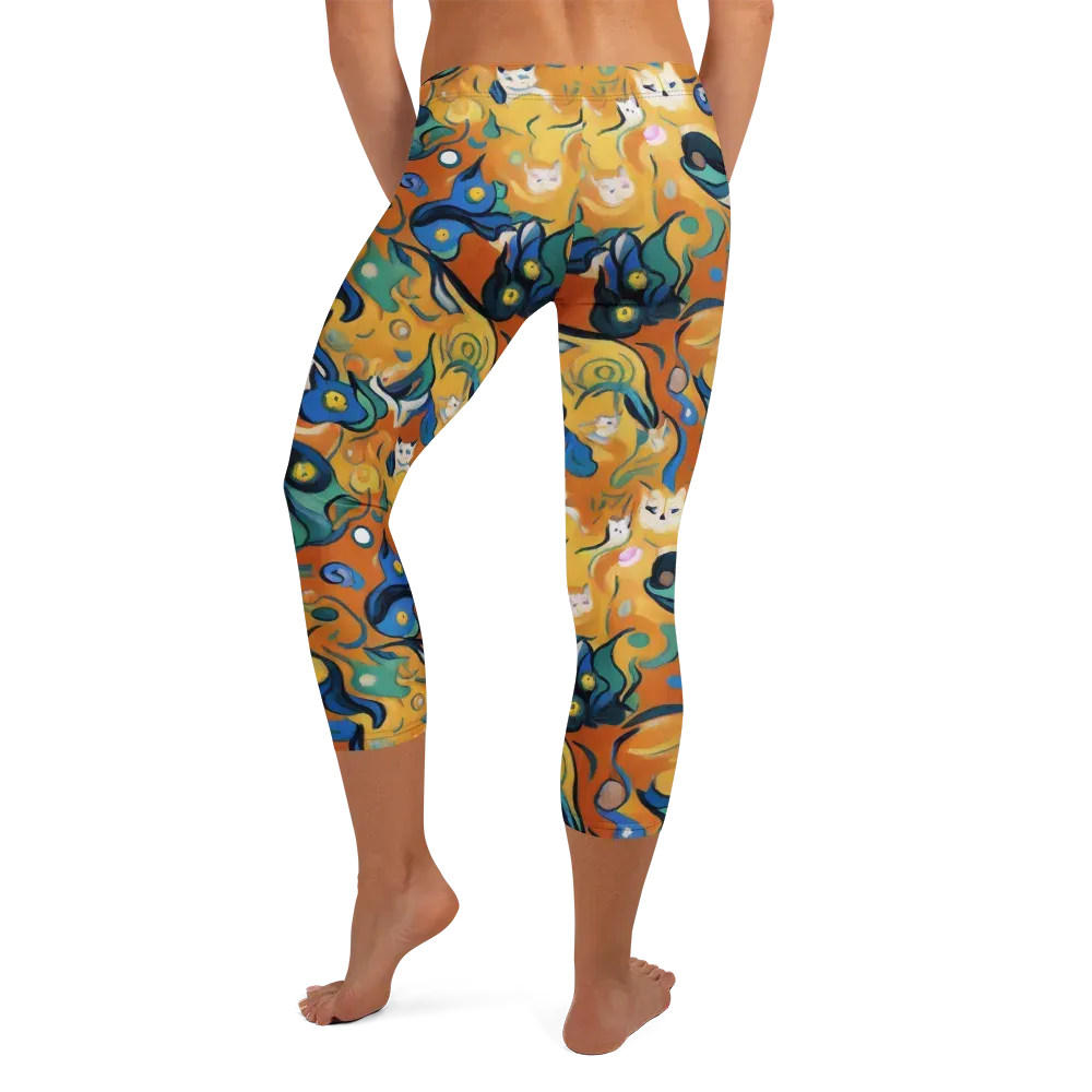 Whimsical Feline Dance on Capri Leggings — Back