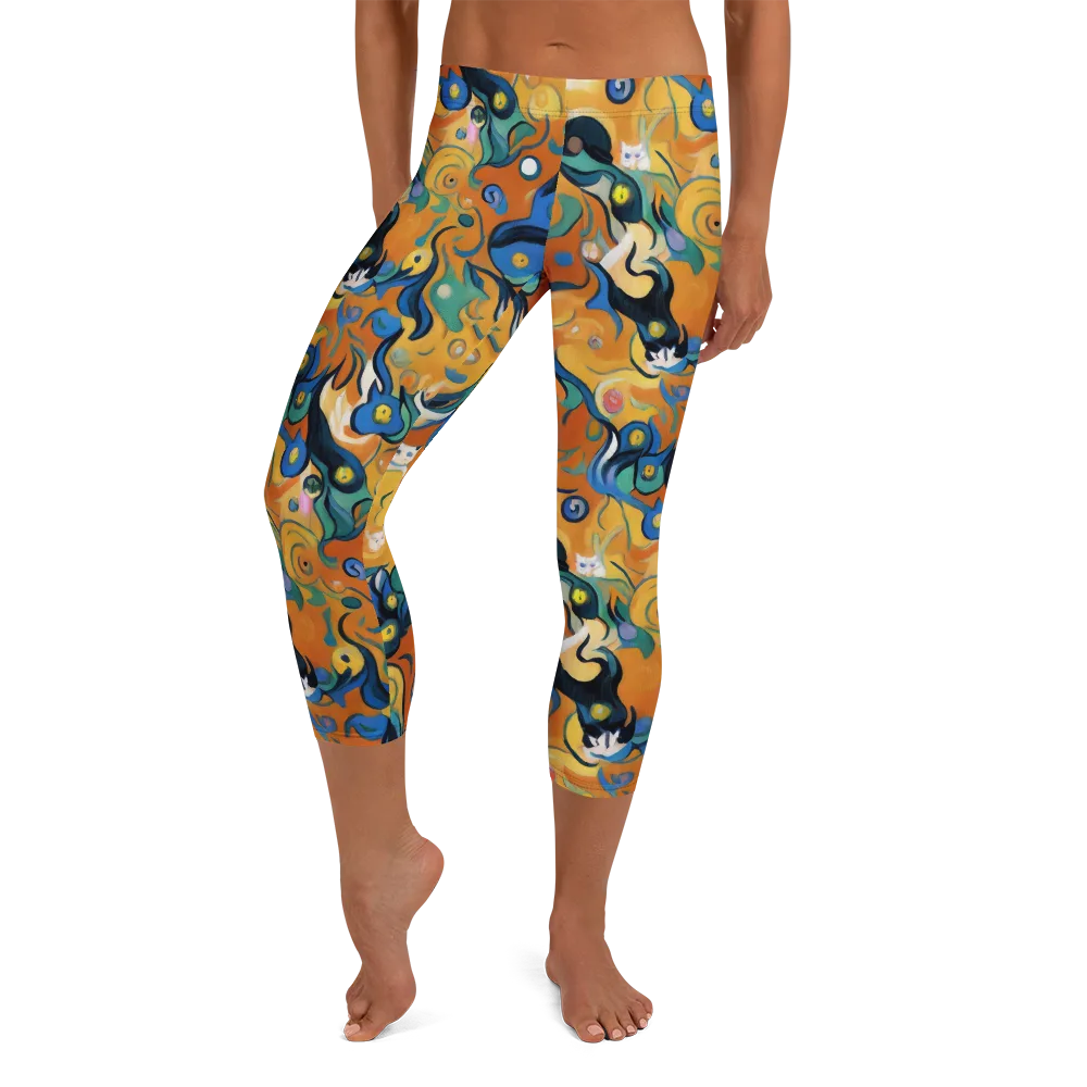 Whimsical Feline Dance on Capri Leggings — Front