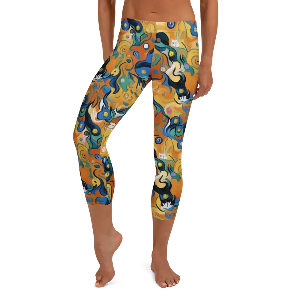 Whimsical Feline Dance on Capri Leggings — Front