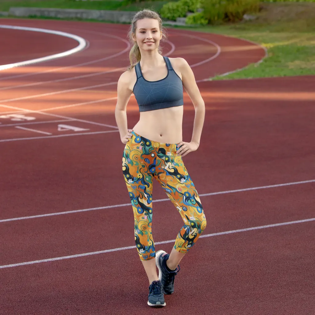 Whimsical Feline Dance on Capri Leggings — Front
