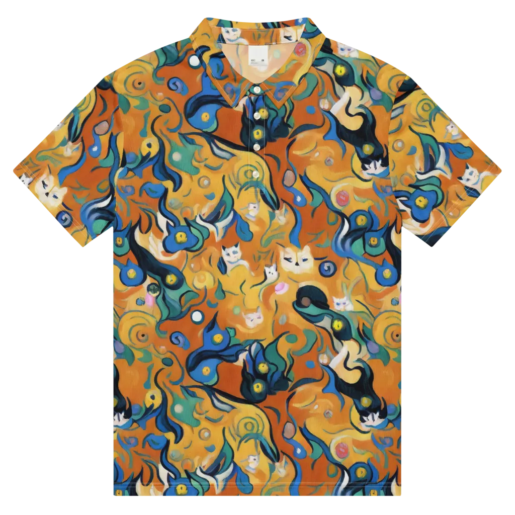 Whimsical Feline Dance on Men's Slim Fit Polo Shirt — Front