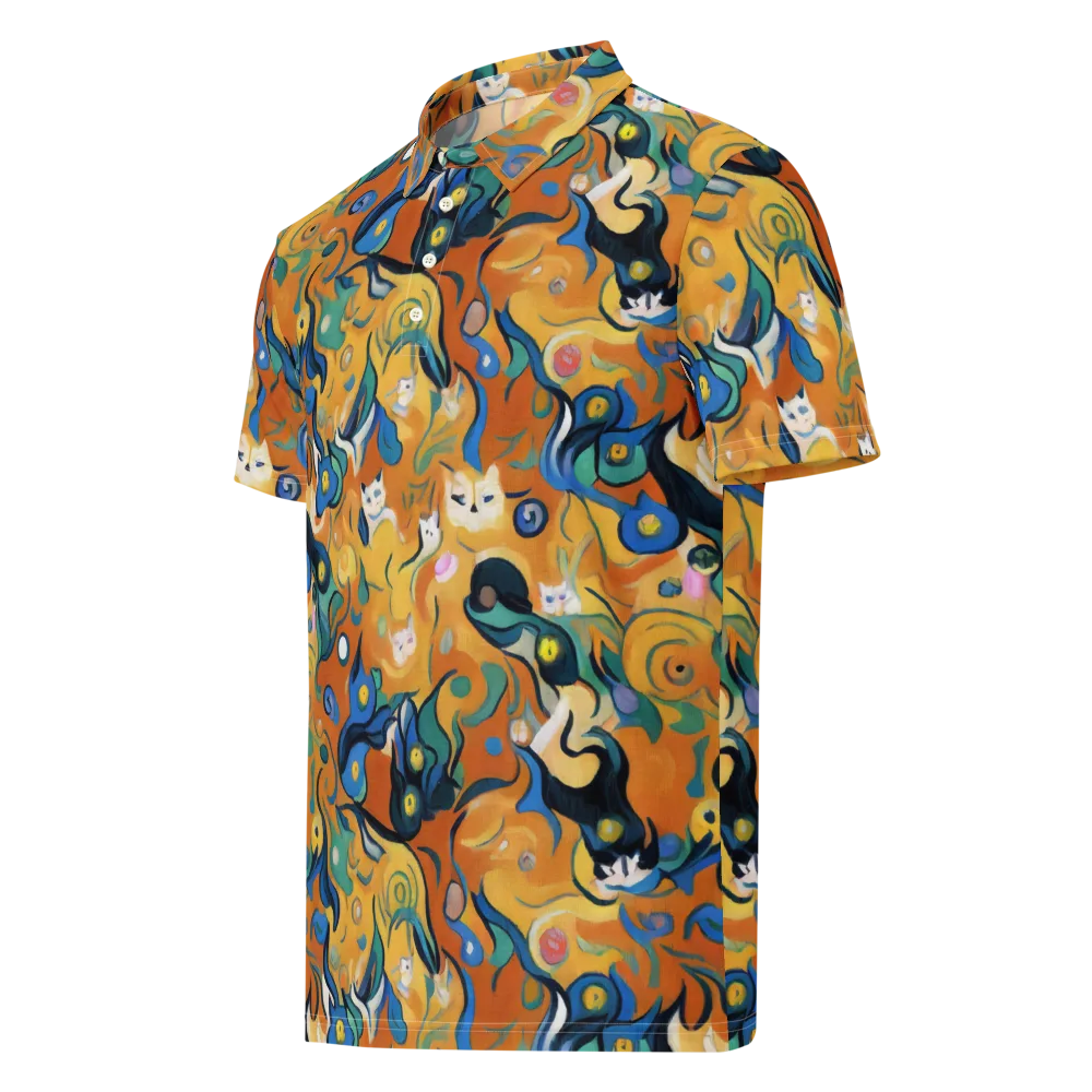 Whimsical Feline Dance on Men's Slim Fit Polo Shirt — Left Front