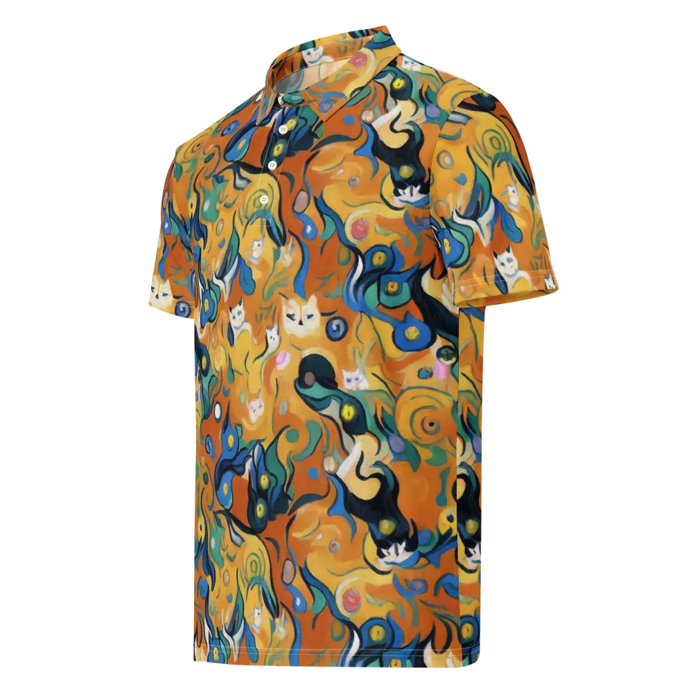 Whimsical Feline Dance on Men's Slim Fit Polo Shirt — Left Front
