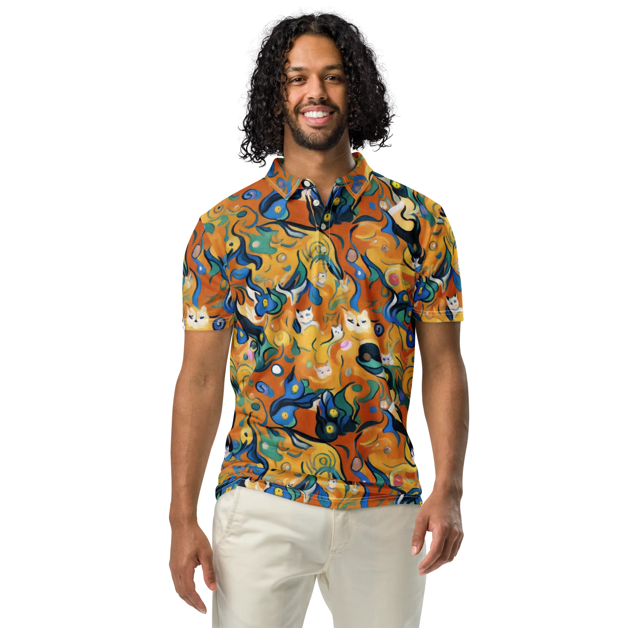 Whimsical Feline Dance on Men's Slim Fit Polo Shirt — Front