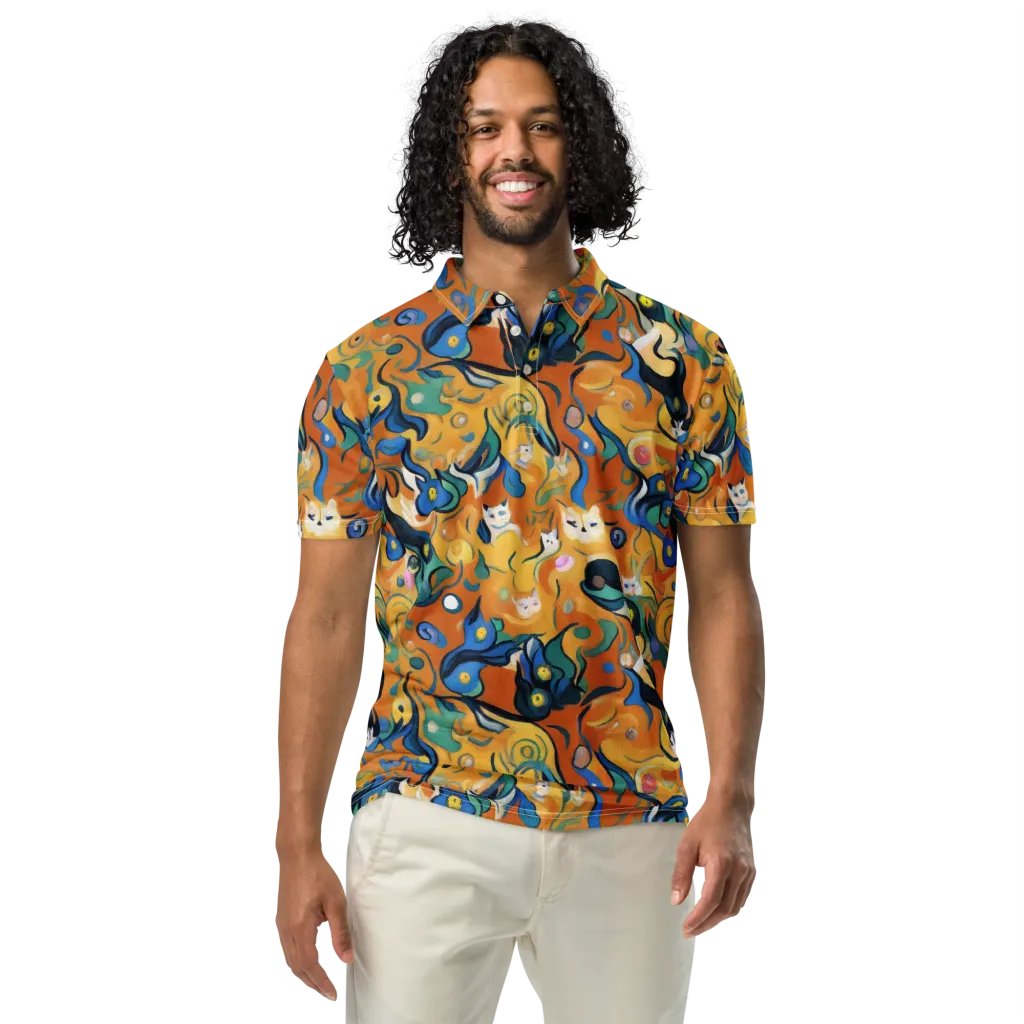 Whimsical Feline Dance on Men's Slim Fit Polo Shirt — Front