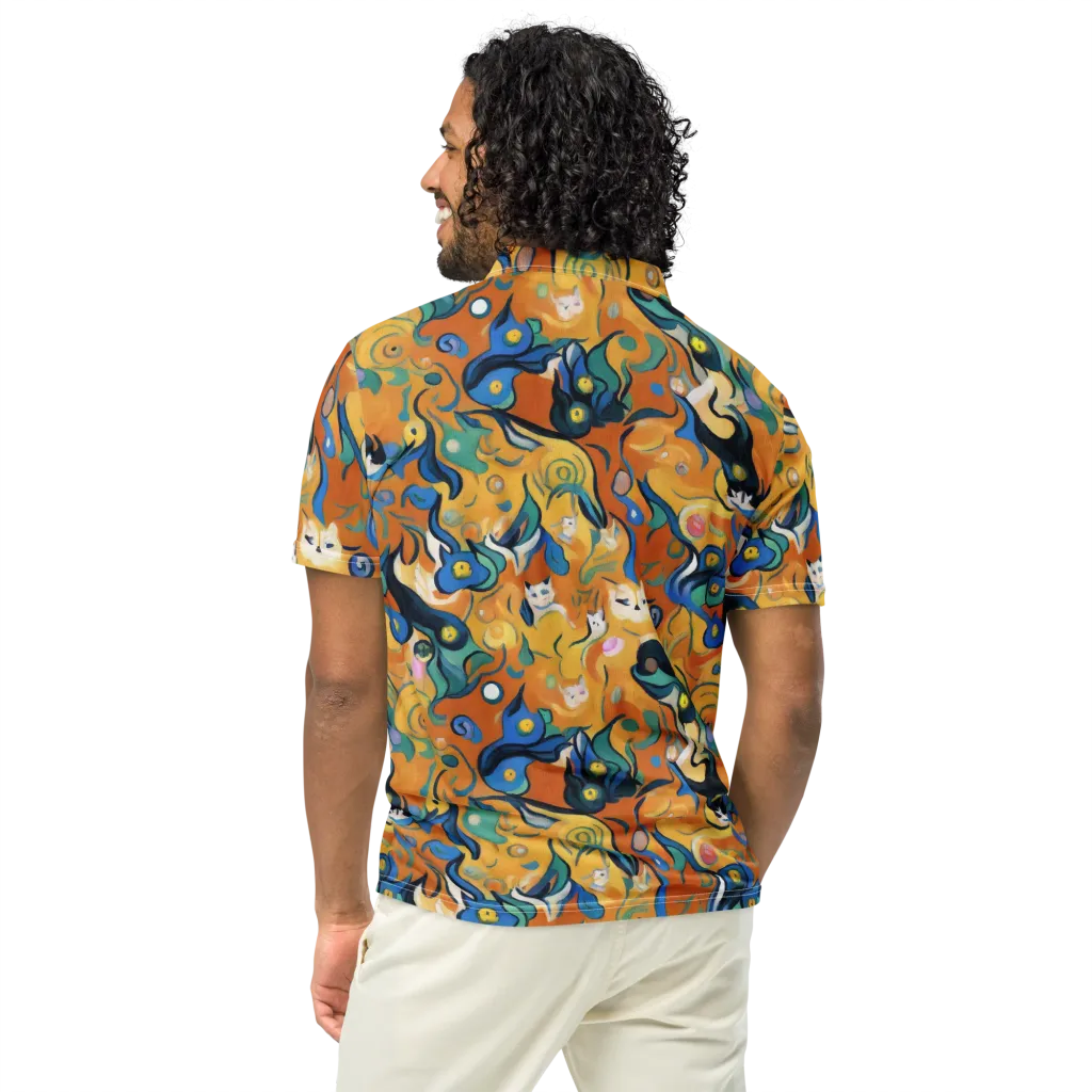 Whimsical Feline Dance on Men's Slim Fit Polo Shirt — Back