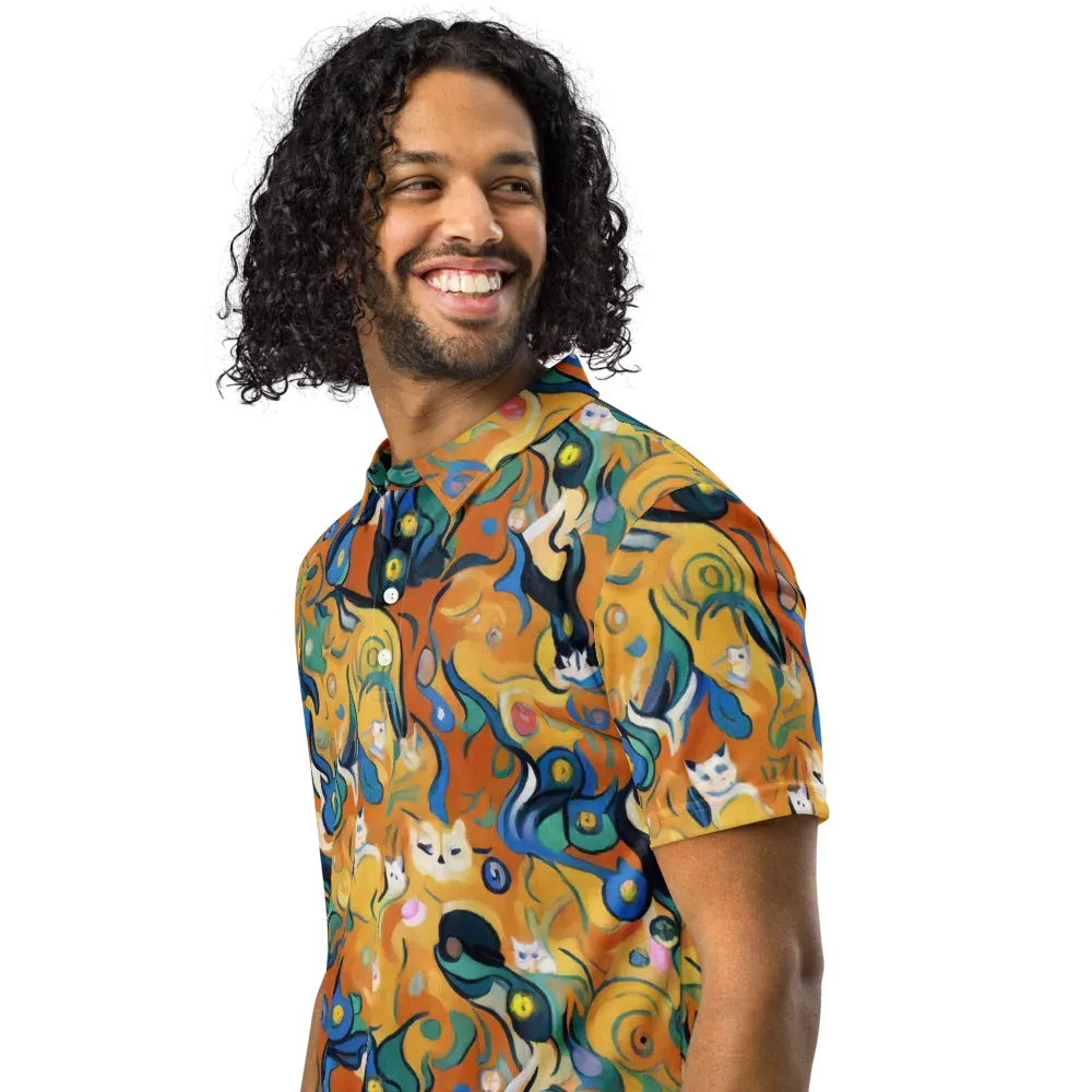 Whimsical Feline Dance on Men's Slim Fit Polo Shirt — Left Front
