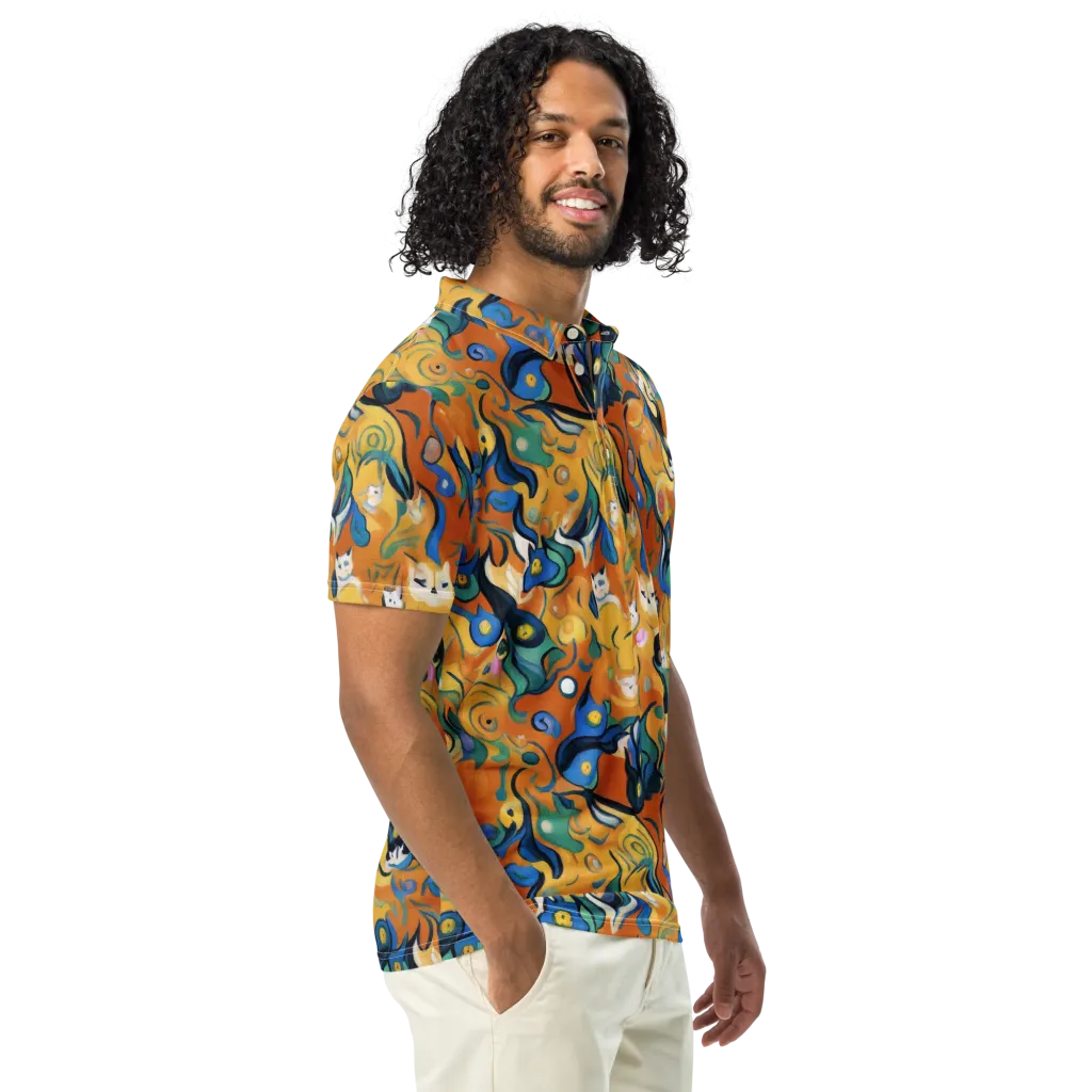 Whimsical Feline Dance on Men's Slim Fit Polo Shirt — Right Front