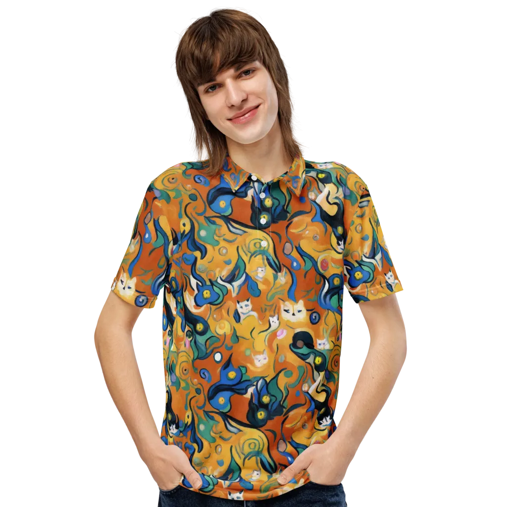 Whimsical Feline Dance on Men's Slim Fit Polo Shirt — Front