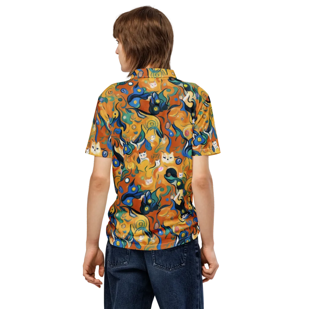 Whimsical Feline Dance on Men's Slim Fit Polo Shirt — Back