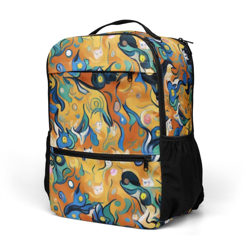 Whimsical Feline Dance on Utility Backpack — Left Front