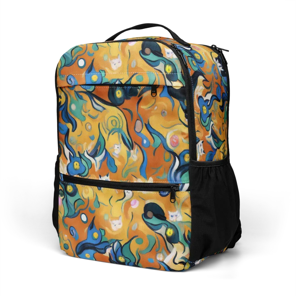 Whimsical Feline Dance on Utility Backpack — Left Front