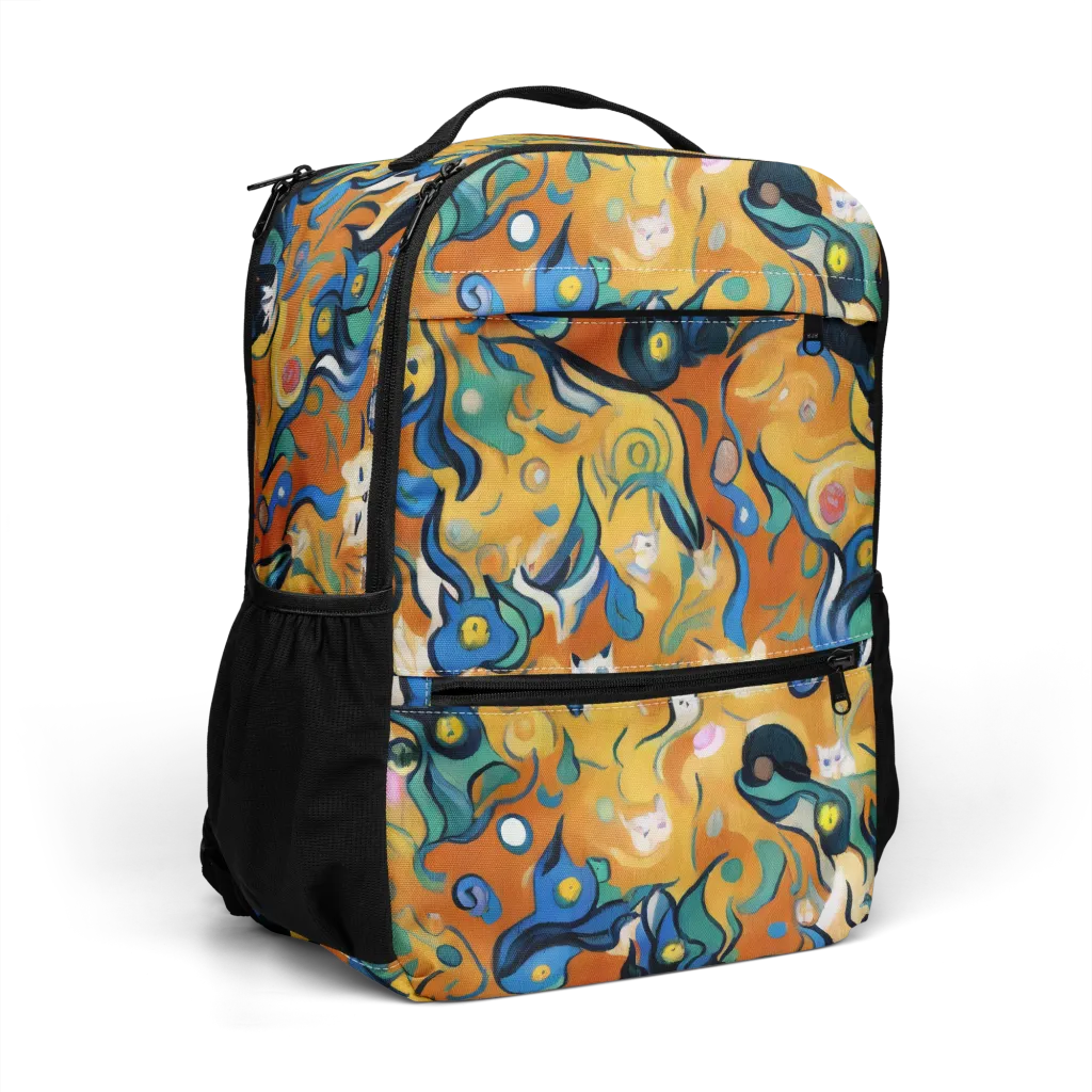 Whimsical Feline Dance on Utility Backpack — Right Front