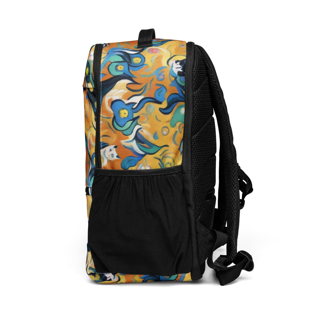 Whimsical Feline Dance on Utility Backpack — Left