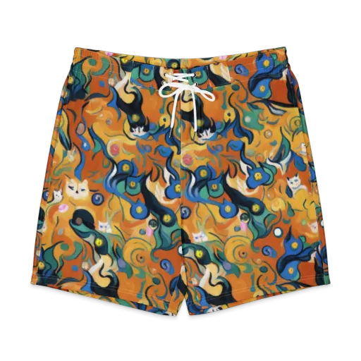 Whimsical Feline Dance on a Men's Board Shorts