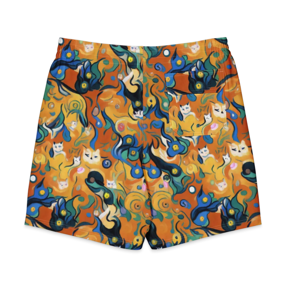 Whimsical Feline Dance on Men's Board Shorts — Back