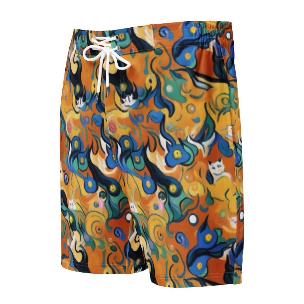 Whimsical Feline Dance on Men's Board Shorts — Front