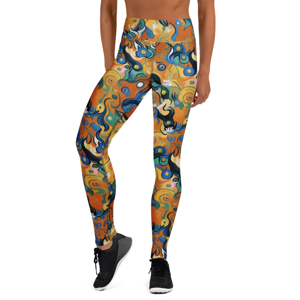 Whimsical Feline Dance on Yoga Leggings — Front