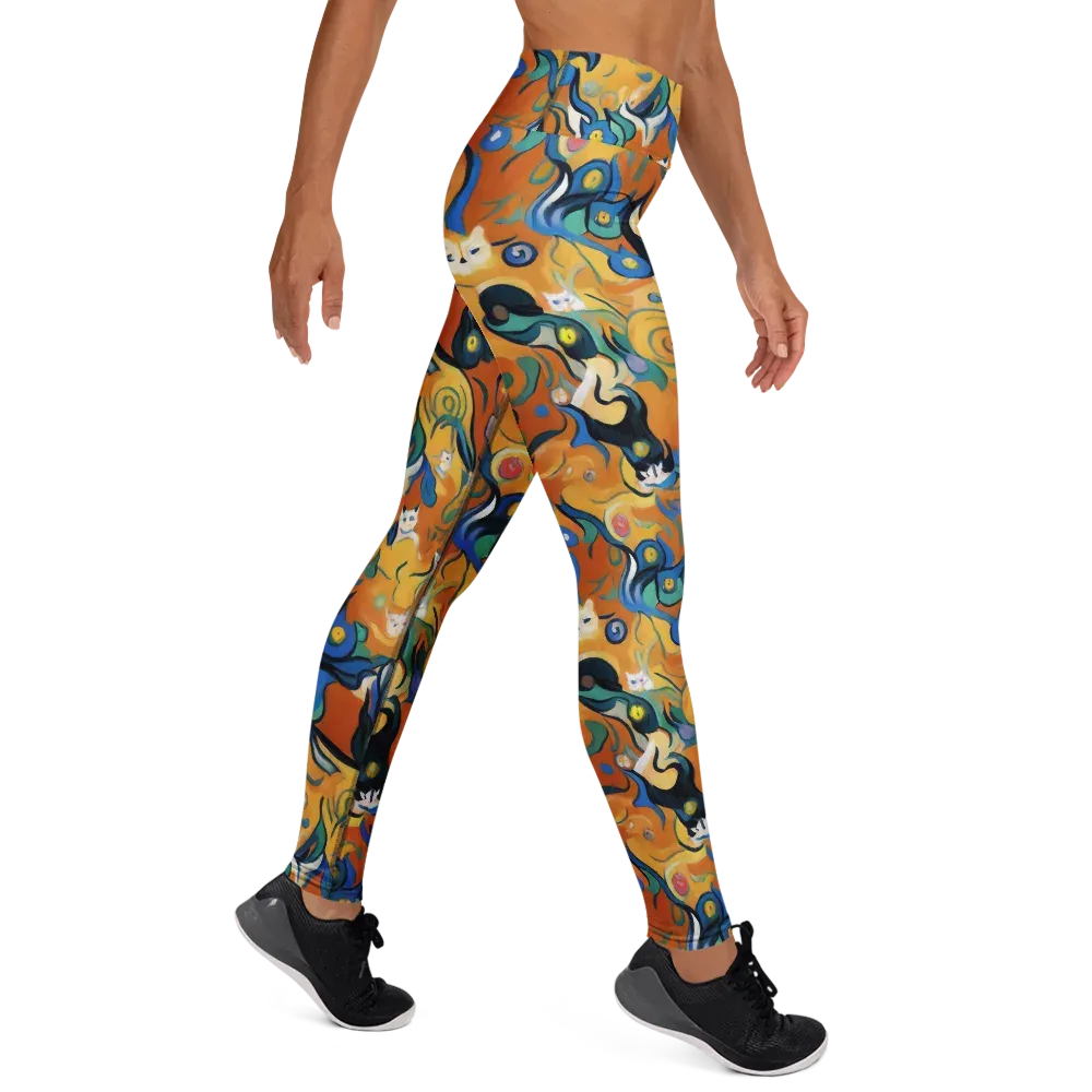 Whimsical Feline Dance on Yoga Leggings — Right
