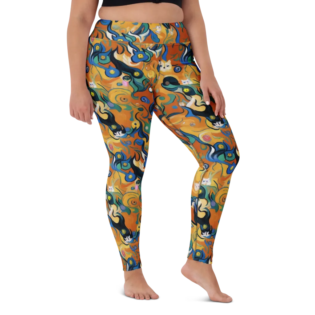 Whimsical Feline Dance on Yoga Leggings — Front