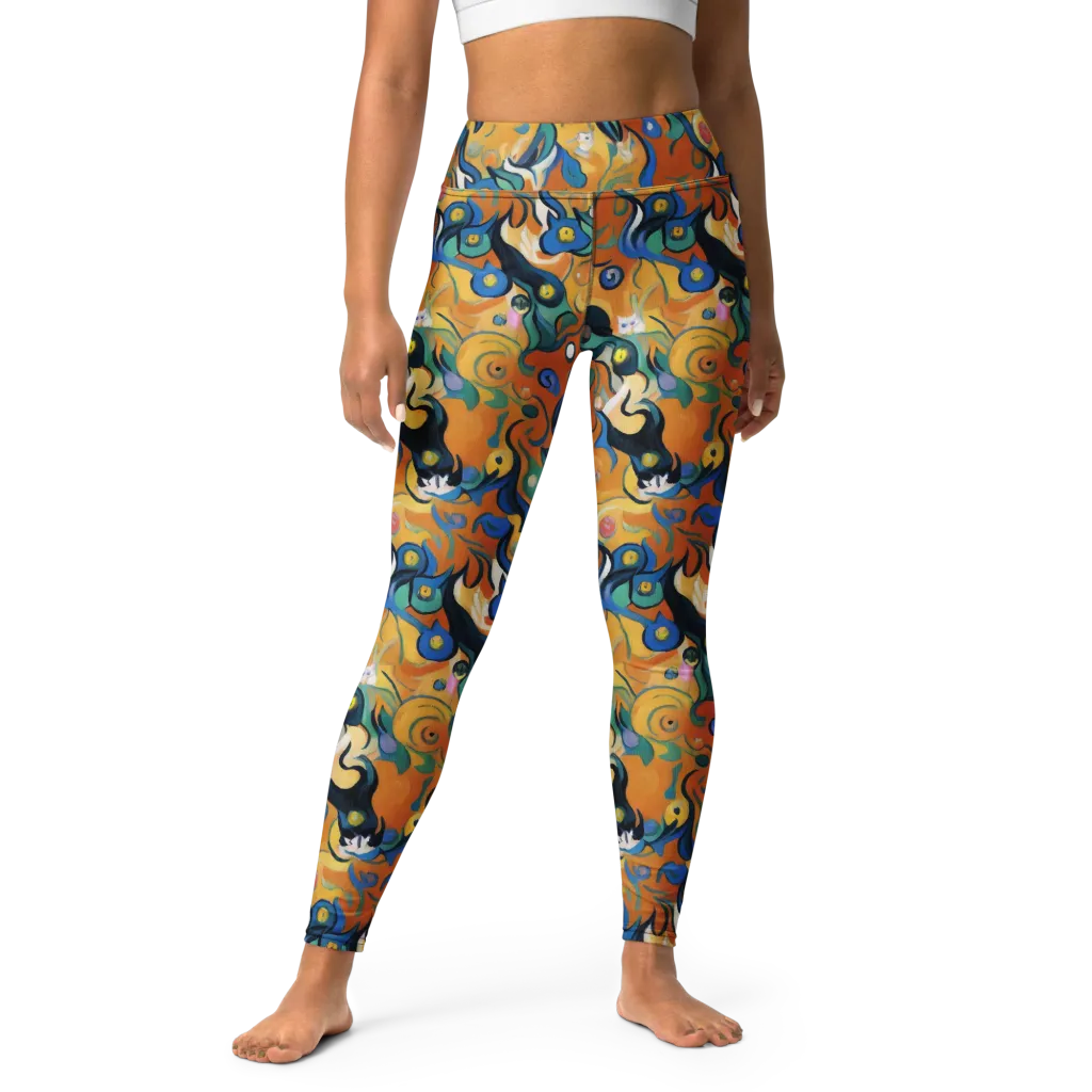 Whimsical Feline Dance on Yoga Leggings — Front
